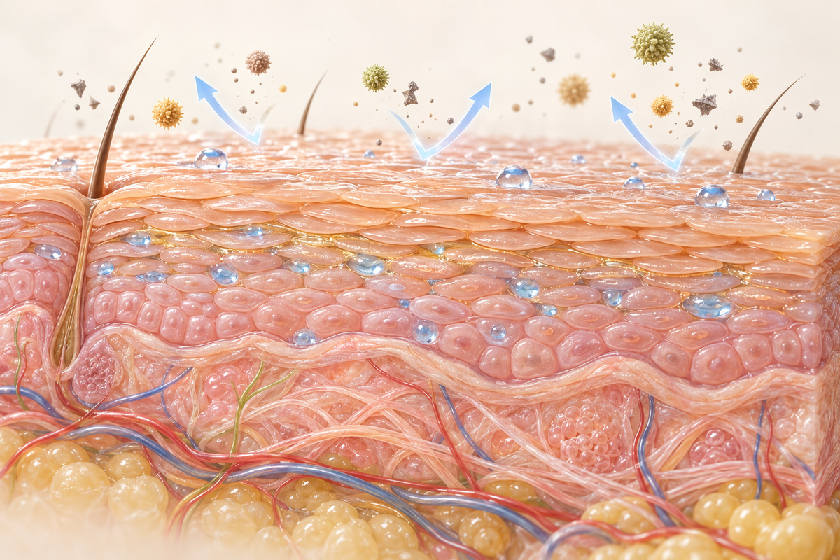 Scientific illustration of a healthy, hydrated skin barrier with intact protective layers