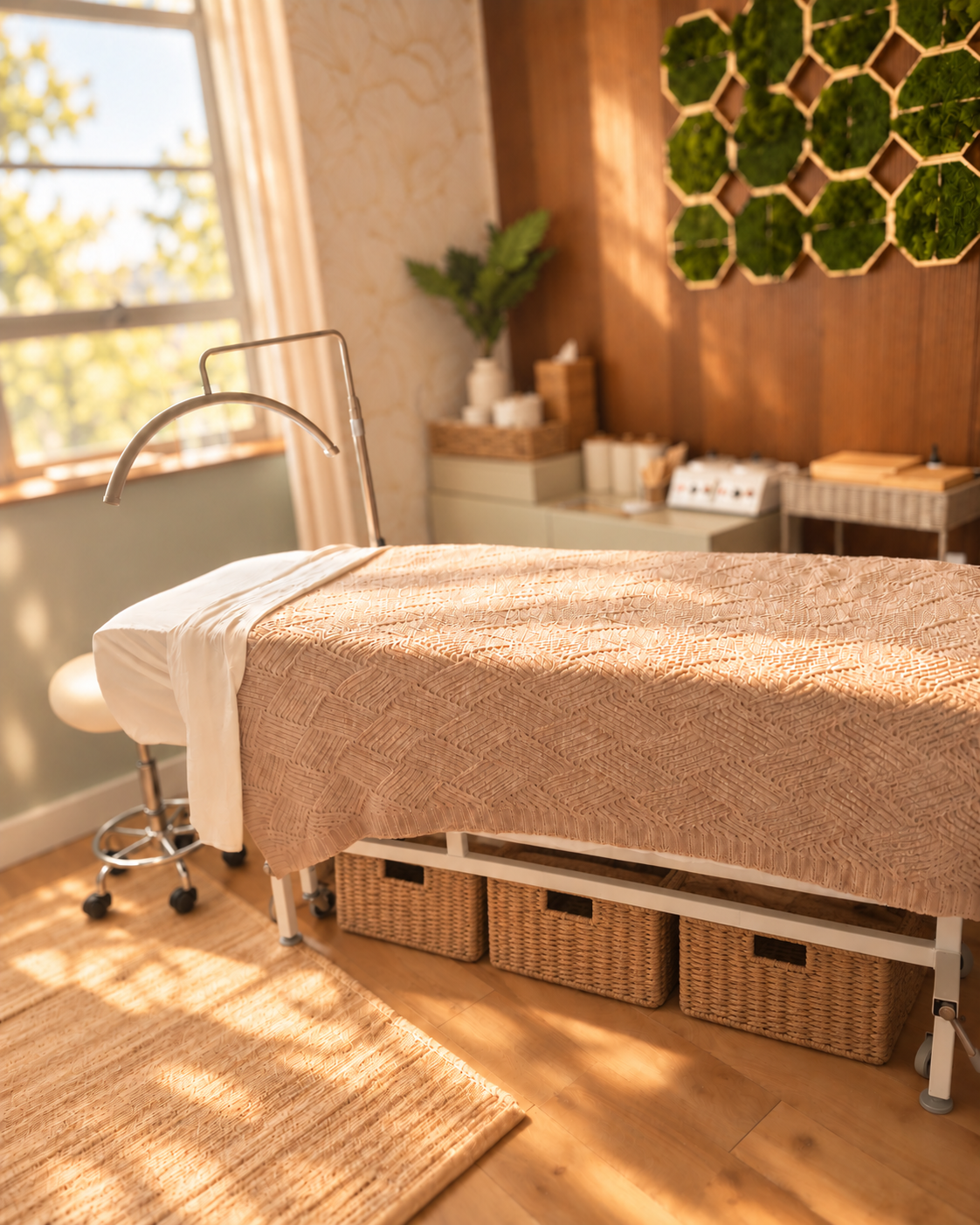 The Spruce brow and lash treatment room with woven storage baskets beneath the treatment bed