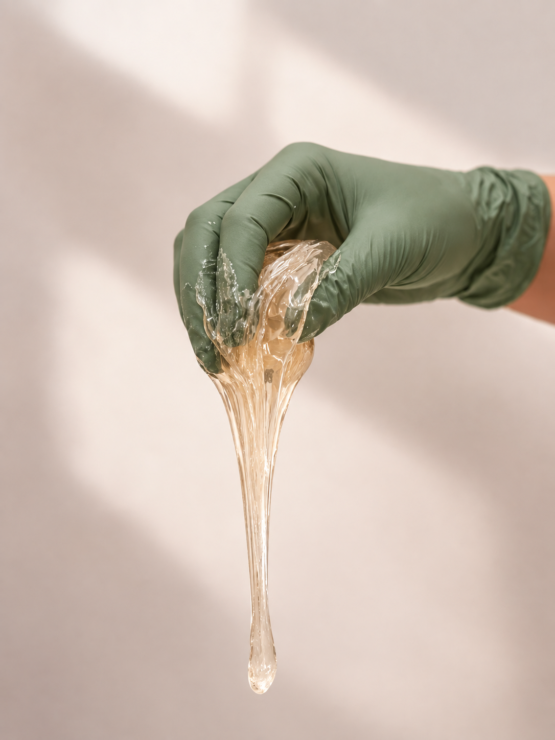 Golden translucent sugar paste stretching from a muted sage-green glove