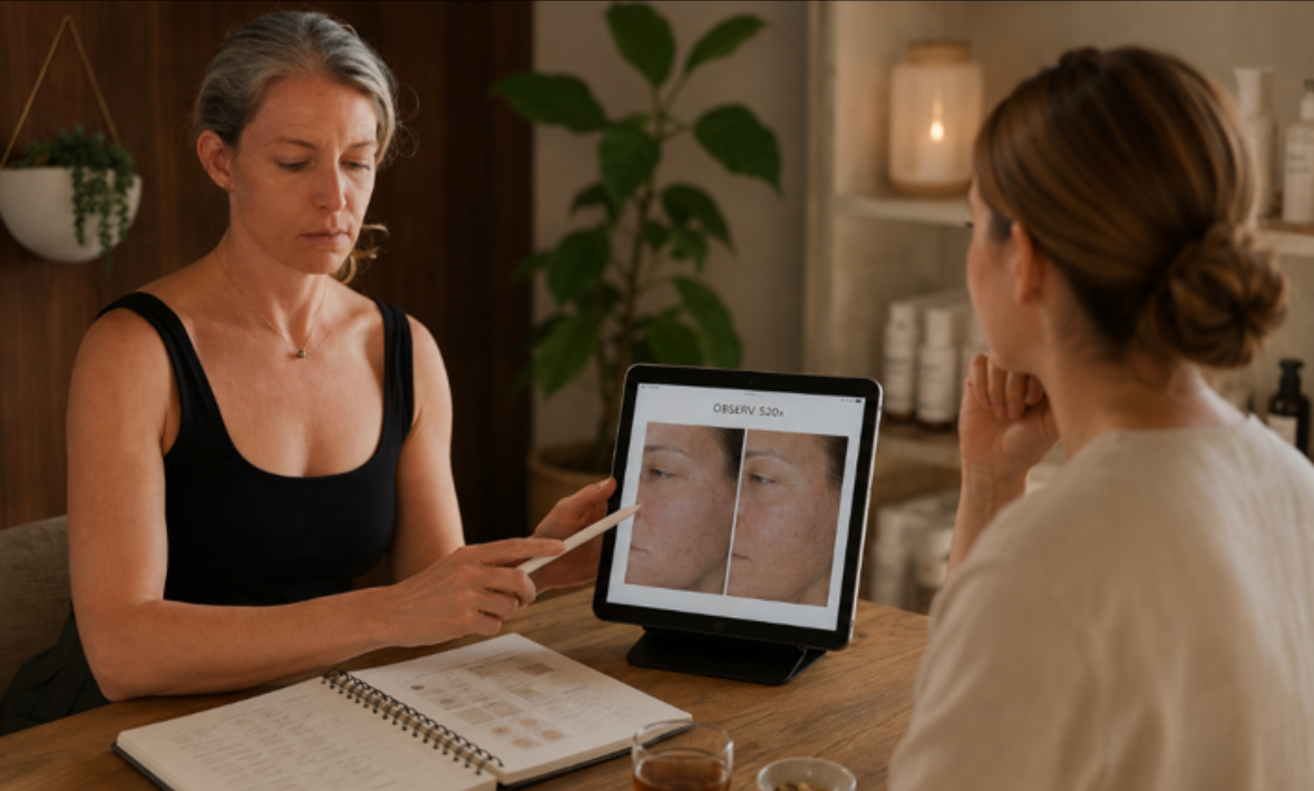 An esthetician reviewing a client’s skin with a digital skin analysis during a consultation