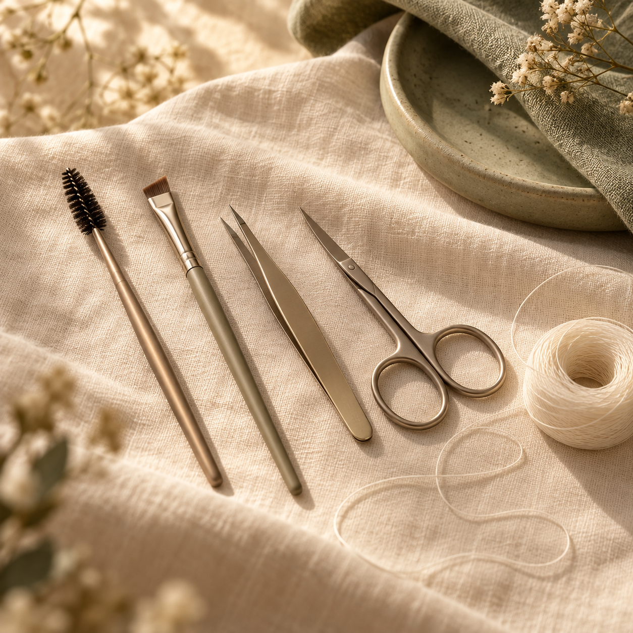 A spoolie, angled brush, tweezers, scissors, and mapping thread arranged for brow artistry
